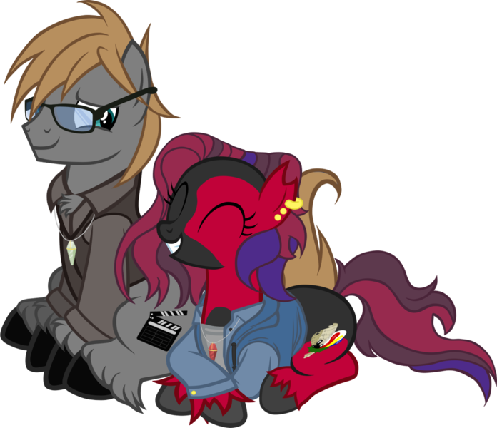 Size: 1265x1090 | Tagged: safe, artist:theeditormlp, derpibooru import, oc, oc:crimson glow, oc:the editor, earth pony, pony, clothes, female, glasses, image, jacket, lying down, male, mare, png, prone, shirt, simple background, stallion, transparent background