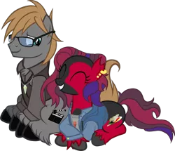 Size: 1265x1090 | Tagged: safe, artist:theeditormlp, derpibooru import, oc, oc:crimson glow, oc:the editor, earth pony, pony, clothes, female, glasses, image, jacket, lying down, male, mare, png, prone, shirt, simple background, stallion, transparent background