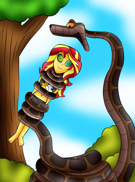 Size: 1617x2185 | Tagged: suggestive, artist:jerrydestrtoyer, derpibooru import, sunset shimmer, python, snake, equestria girls, abuse, barefoot, coils, crossover, duo, feet, hypnosis, hypnotized, image, imminent vore, jpeg, kaa, kaa eyes, male, open mouth, outdoors, shimmerbuse, the jungle book, tree, wrapped up