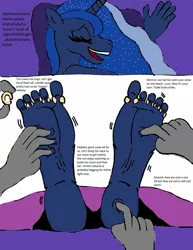Size: 1024x1325 | Tagged: safe, artist:alexianbc, derpibooru import, princess luna, alicorn, anthro, plantigrade anthro, barefoot, disembodied hand, eyes closed, feet, fetish, foot fetish, hand, image, jpeg, laughing, offscreen character, soles, tickle fetish, tickle torture, tickling, toe rings, toes