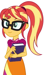 Size: 1024x1736 | Tagged: safe, alternate version, artist:emeraldblast63, derpibooru import, sunset shimmer, equestria girls, adorkable, book, clothes swap, cute, dork, female, glasses, hairstyle swap, image, nerd, png, shimmerbetes, simple background, solo, sunspecs shimmer, transparent background