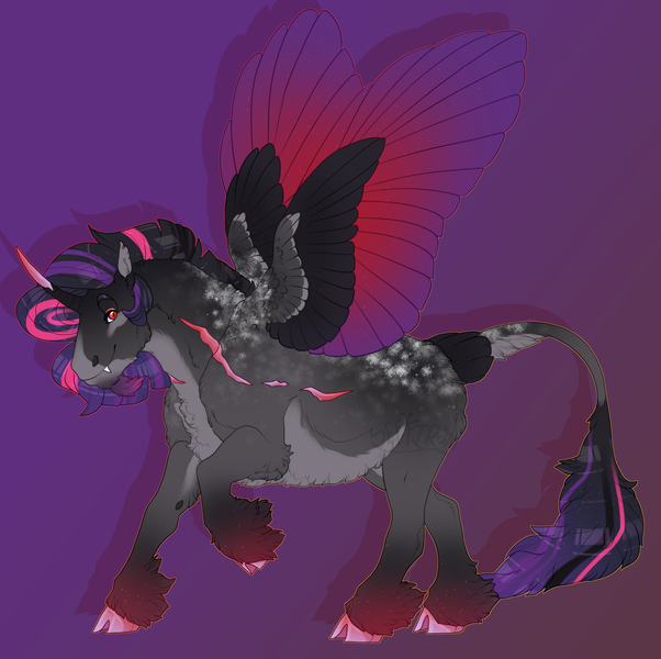 Size: 1936x1930 | Tagged: safe, artist:seffiron, derpibooru import, oc, oc:tender shade, alicorn, pony, colored wings, female, image, mare, multicolored wings, offspring, parent:king sombra, parent:twilight sparkle, parents:twibra, png, scar, solo, wings