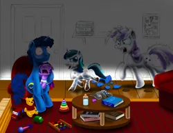 Size: 3300x2550 | Tagged: safe, artist:jac59col, derpibooru import, night light, shining armor, smarty pants, twilight sparkle, twilight velvet, pony, baby, baby pony, babylight sparkle, bloodshot eyes, book, bottle, broken glass, broken vase, crying, crylight sparkle, desperation, image, mud, parenting, png, toy, vase, wat, winnie the pooh, wip, younger