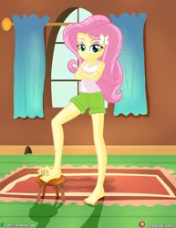 Size: 3090x4000 | Tagged: safe, artist:dieart77, derpibooru import, fluttershy, equestria girls, barefoot, bedroom eyes, commission, crossed arms, feet, foot tapping, image, jpeg, lidded eyes, looking at you, solo, stool, tapping