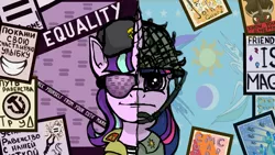 Size: 1280x720 | Tagged: safe, artist:borsch-zebrovich, derpibooru import, starlight glimmer, twilight sparkle, alicorn, pony, unicorn, call of duty, call of duty black ops cold war, clothes, cold war, communism, equality, glasses, hammer and sickle, helmet, image, military, parody, png, propaganda, s5 starlight, soviet union, stalin glimmer, two sides, uniform, winter hat