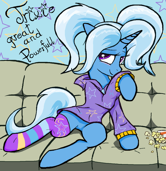 Size: 1085x1119 | Tagged: safe, artist:sallycars, derpibooru import, trixie, pony, unicorn, alternate hairstyle, babysitter trixie, blushing, clothes, couch, featureless crotch, female, food, gameloft, gameloft interpretation, hoodie, image, mare, misspelling, pigtails, png, popcorn, raised hoof, socks, solo, striped socks, trixie day