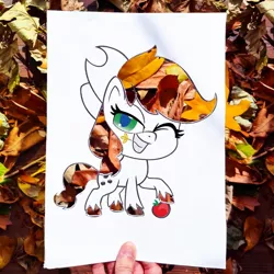 Size: 1080x1080 | Tagged: safe, derpibooru import, official, applejack, earth pony, pony, my little pony: pony life, apple, food, hand, image, instagram, irl, jpeg, leaves, one eye closed, partial color, photo, solo