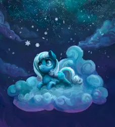 Size: 1500x1647 | Tagged: safe, artist:gor1ck, artist:nemo2d, derpibooru import, oc, oc:snowdrop, unofficial characters only, pegasus, pony, cloud, collaboration, female, filly, image, jpeg, night, on a cloud, snow, snowfall, snowflake, solo, winter
