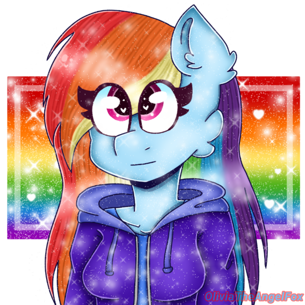 Size: 800x800 | Tagged: safe, artist:oliviatheangelfox, derpibooru import, rainbow dash, anthro, pegasus, bust, clothes, female, heart eyes, hoodie, image, looking up, png, signature, simple background, smiling, solo, transparent background, wingding eyes