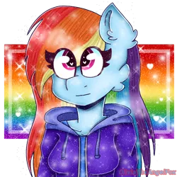 Size: 800x800 | Tagged: safe, artist:oliviatheangelfox, derpibooru import, rainbow dash, anthro, pegasus, bust, clothes, female, heart eyes, hoodie, image, looking up, png, signature, simple background, smiling, solo, transparent background, wingding eyes