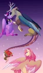 Size: 2000x3400 | Tagged: safe, artist:uunicornicc, derpibooru import, discord, fluttershy, twilight sparkle, twilight sparkle (alicorn), alicorn, pony, bouquet, discolight, discoshy, female, flower, image, infidelity, male, png, shipping, straight