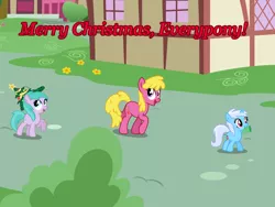 Size: 2048x1536 | Tagged: safe, artist:violetclm, derpibooru import, aura (character), bloo, cherry berry, earth pony, pony, unicorn, atg 2020, christmas, christmas lights, christmas party, christmas tree, cutie mark, female, filly, hat, holiday, image, it's a pony kind of christmas, linkelina, marching, mare, merry christmas, mouth hold, mug, newbie artist training grounds, op is a slowpoke, ornaments, party, png, ponyville, slowpoke, text, tree, trotting, walking