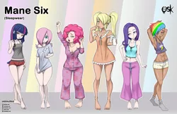 Size: 3496x2272 | Tagged: suggestive, alternate version, artist:oldskullkid, derpibooru import, applejack, fluttershy, pinkie pie, rainbow dash, rarity, twilight sparkle, human, abs, alternate hairstyle, arm behind head, barefoot, belly button, blushing, boob freckles, breasts, busty pinkie pie, chest freckles, cleavage, clothes, dark skin, feet, female, freckles, glass, hair over one eye, hand, hand on hip, humanized, image, implied bottomless, implied no underwear, jpeg, legs, light skin, looking at you, mane six, midriff, milk, one eye closed, open mouth, pajamas, piercing, simple background, sleeveless, tan background, thighs, underass, underbutt