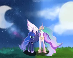 Size: 1920x1520 | Tagged: safe, artist:nnaly, derpibooru import, princess celestia, princess luna, alicorn, pony, day, female, image, jpeg, mare, moon, night, royal sisters, siblings, sisters, sun