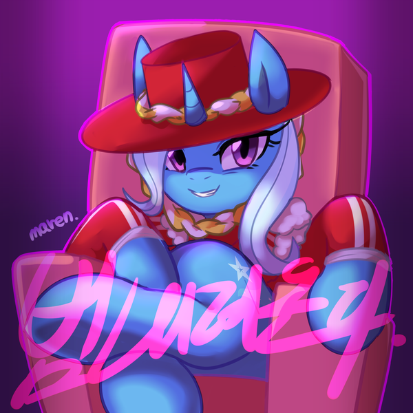 Size: 2800x2800 | Tagged: safe, artist:maren, derpibooru import, trixie, pony, unicorn, chair, clothes, grin, hat, high res, image, jewelry, k-pop, korean, moon runes, necklace, png, sitting, smiling, solo