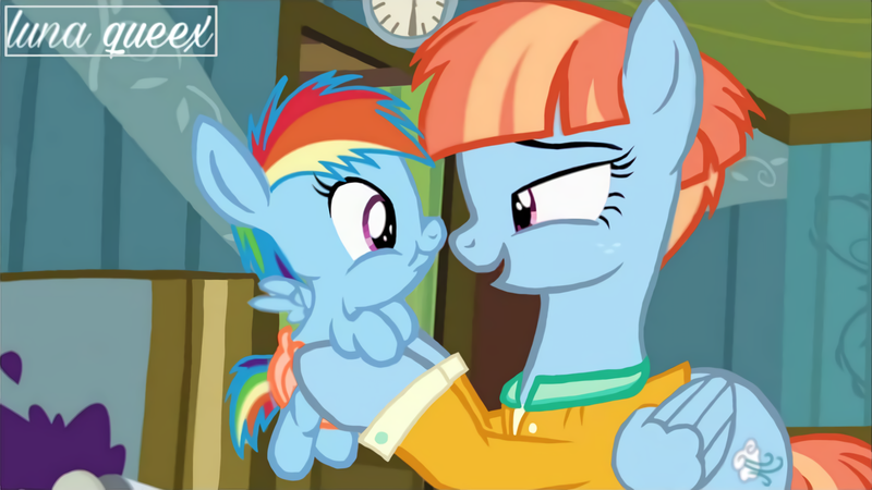 Size: 1920x1080 | Tagged: safe, artist:luna.queex, derpibooru import, edit, edited screencap, screencap, rainbow dash, windy whistles, pegasus, pony, a flurry of emotions, baby, baby dash, baby pony, clock, clothes, diaper, duo, eyelashes, female, filly, filly rainbow dash, holding a pony, image, indoors, like mother like daughter, like parent like child, mare, mother and child, mother and daughter, open mouth, png, smiling, wings, young, younger