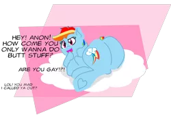 Size: 3553x2394 | Tagged: suggestive, artist:ihopeidontgetraped, derpibooru import, rainbow dash, backwards cutie mark, butt, cloud, female, heart, heart hoof, image, implied anon, large butt, looking back, on a cloud, png, rainbutt dash, solo, underhoof