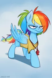 Size: 859x1280 | Tagged: safe, artist:zazush-una, derpibooru import, rainbow dash, pegasus, pony, clothes, female, grumpy, grumpy dash, image, jpeg, mare, no eyelashes, rainbow dash is not amused, rainbow dashs coaching whistle, shirt, solo, unamused, whistle