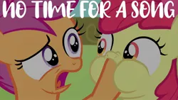 Size: 1920x1080 | Tagged: safe, derpibooru import, edit, edited screencap, editor:quoterific, screencap, apple bloom, scootaloo, earth pony, pegasus, pony, somepony to watch over me, bow, duo, duo female, female, hoof over mouth, image, jpeg, no time for a song, open mouth