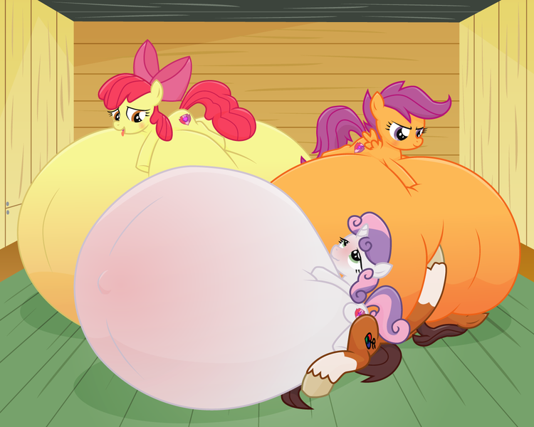 Size: 1280x1024 | Tagged: questionable, artist:xniclord789x, derpibooru import, apple bloom, scootaloo, sweetie belle, oc, oc:niku, earth pony, pegasus, pony, unicorn, series:max cumflation (xniclord789x), belly, belly bed, big belly, canon x oc, cum belly, cum inflation, cutie mark crusaders, foalcon, huge belly, hyper, hyper belly, image, impossibly large belly, inflation, png, show accurate, show accurate porn, underage