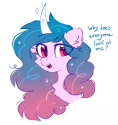 Size: 413x438 | Tagged: safe, artist:mirtash, derpibooru import, izzy moonbow, pony, unicorn, alternate hairstyle, bust, chest fluff, dialogue, ear fluff, female, g5, image, mare, open mouth, png, portrait, solo