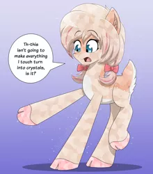 Size: 2900x3300 | Tagged: safe, artist:aarondrawsarts, derpibooru import, oc, oc:daisy cakes, unofficial characters only, crystal pony, deer, deer pony, original species, cloven hooves, commission, deer tail, dialogue, doe, female, image, png