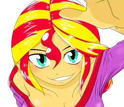 Size: 1480x1280 | Tagged: safe, alternate version, artist:batipin, derpibooru import, sunset shimmer, equestria girls, breasts, busty sunset shimmer, cleavage, image, looking at you, png, simple background, transparent background