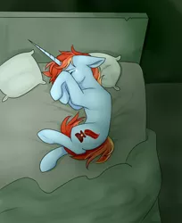 Size: 2000x2450 | Tagged: safe, artist:daringpineapple, derpibooru import, oc, oc:crimson spark, unofficial characters only, pony, unicorn, bed, crying, image, male, png, sad, solo