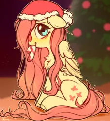 Size: 1700x1875 | Tagged: safe, artist:vensual99, derpibooru import, fluttershy, pegasus, pony, blushing, candy, candy cane, chest fluff, christmas, christmas tree, cute, female, floppy ears, folded wings, food, hat, heart eyes, holiday, image, jpeg, looking at you, mare, mouth hold, profile, santa hat, shyabetes, sitting, smiling, solo, tree, wingding eyes, wings