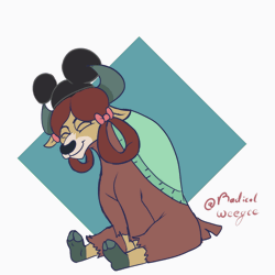 Size: 800x800 | Tagged: safe, artist:radicalweegee, derpibooru import, yona, yak, animated, bow, cloven hooves, cute, eyes closed, female, frame by frame, gif, hair bow, hat, image, loop, mickey ears, mickey hat, monkey swings, solo, yonadorable
