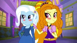 Size: 1280x720 | Tagged: safe, artist:3d4d, derpibooru import, adagio dazzle, trixie, equestria girls, blushing, disguise, disguised siren, female, image, lesbian, png, shipping, triagio