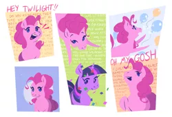 Size: 3888x2642 | Tagged: safe, alternate version, artist:danfango, derpibooru import, pinkie pie, twilight sparkle, earth pony, pony, unicorn, balloon, blah blah blah, confetti, cute, dialogue, diapinkes, female, image, jpeg, mare, open mouth, talkative, talking, unicorn twilight