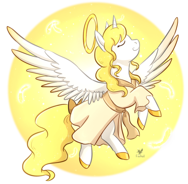 Size: 1024x1002 | Tagged: safe, artist:foxhatart, derpibooru import, oc, oc:golden skies, alicorn, pony, alicorn oc, angel, clothes, female, halo, holy, horn, image, mare, png, solo, two toned wings, wings, yellow