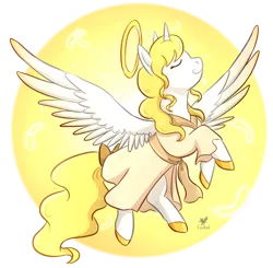 Size: 1024x1002 | Tagged: safe, artist:foxhatart, derpibooru import, oc, oc:golden skies, alicorn, pony, alicorn oc, angel, clothes, female, halo, holy, horn, image, mare, png, solo, two toned wings, wings, yellow