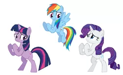 Size: 1265x780 | Tagged: safe, artist:benpictures1, derpibooru import, rainbow dash, rarity, twilight sparkle, pegasus, pony, unicorn, dragon quest, bipedal, female, fighting stance, flying, image, implied spike, inkscape, png, simple background, trio, trio female, unicorn twilight, vector, white background
