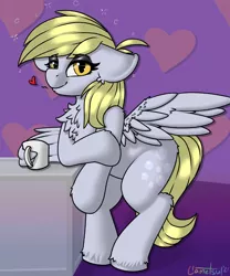 Size: 1034x1240 | Tagged: safe, artist:llametsul, derpibooru import, derpy hooves, pegasus, pony, chest fluff, cute, cutie mark, derpabetes, drunk, drunk bubbles, eyeshadow, female, heart, image, looking at you, makeup, mare, mug, png, simple background, solo, wing fluff, wing hands, wing hold, wings