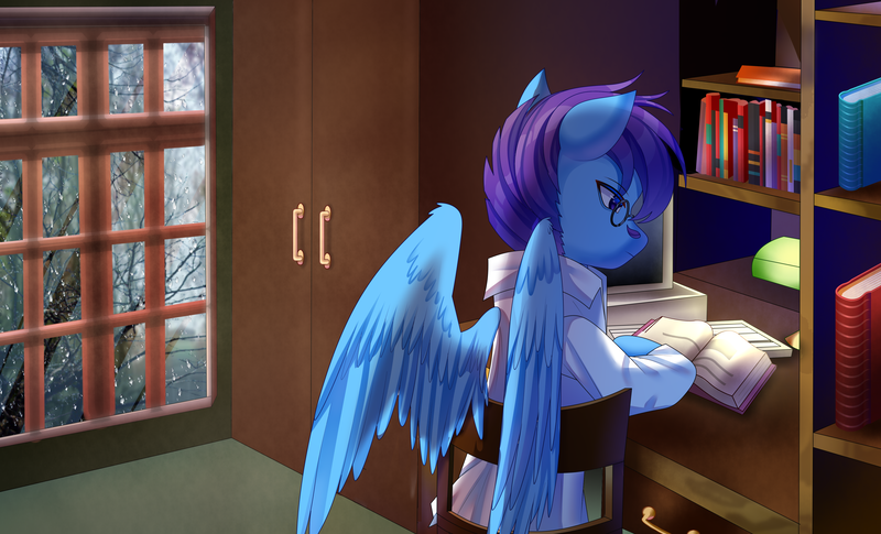 Size: 4331x2625 | Tagged: safe, artist:alus, derpibooru import, oc, oc:dr.picsell dois, unofficial characters only, pegasus, pony, 80's-ish, book, bookshelf, clothes, dormitory, facial hair, image, irl, irl background, irl photo, lab coat, male, moustache, photo, png, rain, southeast university, stallion, studying, university