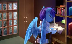 Size: 4331x2625 | Tagged: safe, artist:alus, derpibooru import, oc, oc:dr.picsell dois, unofficial characters only, pegasus, pony, 80's-ish, book, bookshelf, clothes, dormitory, facial hair, image, irl, irl background, irl photo, lab coat, male, moustache, photo, png, rain, southeast university, stallion, studying, university