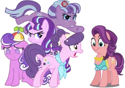 Size: 1100x770 | Tagged: safe, artist:themasterofdespair, derpibooru import, nurse sweetheart, screwball, spoiled rich, starlight glimmer, suri polomare, earth pony, pony, unicorn, crusaders of the lost mark, comic, equal cutie mark, female, floppy ears, image, mare, pink and violet, pink pony, png, s5 starlight, simple background, transparent background