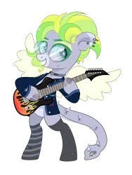 Size: 2624x3490 | Tagged: safe, artist:vizirka, derpibooru import, oc, oc:cloud drift, pegasus, pony, augmented tail, bipedal, clothes, collar, commission, denim, ear piercing, earring, eyeshadow, female, freckles, grin, guitar, hoof hold, image, jacket, jewelry, makeup, mare, markings, mismatched socks, multicolored hair, musical instrument, piercing, png, raised hoof, simple background, smiling, socks, solo, striped socks, sunglasses, tanktop, torn clothes, torn socks, transparent background, ych result