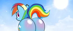 Size: 2560x1095 | Tagged: suggestive, artist:anonymous, derpibooru import, rainbow dash, pegasus, pony, butt, female, image, large butt, looking back, oiled, plot, png, rainbutt dash, raised tail, rear view, shiny butt, smiling, solo, solo female, tail, the ass was fat, wallpaper, wallpaper for the fearless