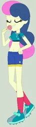 Size: 160x556 | Tagged: safe, artist:jadethepegasus, artist:selenaede, derpibooru import, bon bon, sweetie drops, equestria girls, base used, belly button, candy, cleats, clothes, compression shorts, exeron fighters, exeron outfit, eyes closed, food, gray background, grin, image, lollipop, martial arts kids, martial arts kids outfit, martial arts kids outfits, midriff, png, shirt, shoes, short shirt, shorts, simple background, smiling, sneakers, socks, solo, sports bra, sports shorts, t-shirt