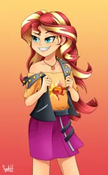 Size: 1543x2500 | Tagged: safe, artist:fadlihalimns, derpibooru import, sunset shimmer, equestria girls, clothes, cutie mark, cutie mark on clothes, female, geode of empathy, gradient background, human coloration, image, magical geodes, off shoulder, png, shirt, skirt, smiling, smug, smugset shimmer, t-shirt, undressing, vest