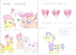 Size: 500x361 | Tagged: safe, artist:ewxep, derpibooru import, apple bloom, auntie lofty, scootaloo, sweetie belle, earth pony, pegasus, pony, unicorn, crusaders of the lost mark, friendship is magic, the last crusade, the last problem, colored pencil drawing, cutie mark, cutie mark crusaders, image, mlp fim's tenth anniversary, png, redraw, simple background, solo, the cmc's cutie marks, traditional art, trio, white background