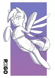 Size: 2480x3496 | Tagged: safe, artist:madgehog, derpibooru import, rainbow dash, pegasus, pony, bottomless, clothes, dressup, female, grayscale, happy, image, lineart, looking at you, mare, monochrome, partial nudity, png, pokémon, socks, stockings, team rocket, thigh highs, underhoof