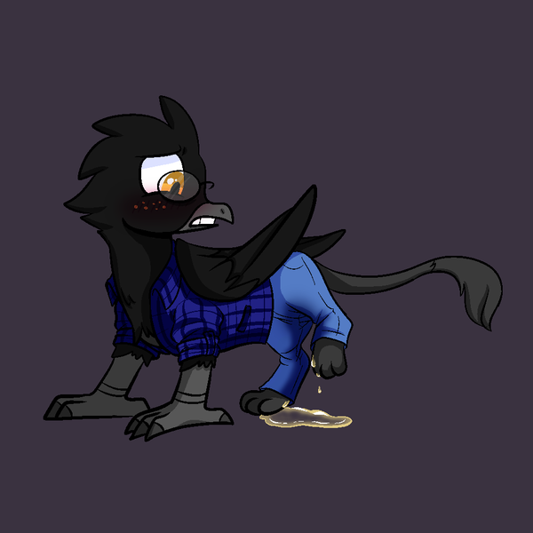 Size: 1000x1000 | Tagged: questionable, artist:vodkamewtwoni, derpibooru import, oc, unofficial characters only, gryphon, accident, clothes, commission, desperation, fetish, glasses, griffon oc, image, jeans, male, need to pee, omorashi, pants, peeing in pants, pissing, plaid, png, potty emergency, potty failure, potty time, solo, solo male, urine, watersports, wetting