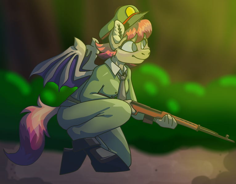 Size: 2917x2284 | Tagged: safe, artist:dr.zombie, derpibooru import, oc, oc:xuan mai, unofficial characters only, anthro, bat pony, 10th grenadier regiment, 10th regiment, clothes, forest, gun, image, military uniform, png, rifle, solo, svt-40, tree, uniform, weapon