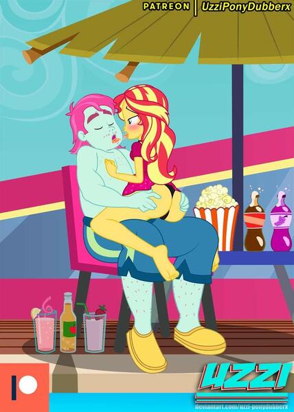 Size: 900x1261 | Tagged: suggestive, artist:uzzi-ponydubberx, derpibooru import, sunset shimmer, equestria girls, spring breakdown, 2 handfuls of dat ass, 2 handfuls of dem hips, ass, bare chest, barefoot, beverage, black panties, blushing, bottle, bunset shimmer, butt, butt touch, cider, clothes, commission, drink, drool, drool string, fat, feet, female, food, hairy legs, hand on butt, image, jpeg, kissing, legs, lidded eyes, looking at each other, lucky bastard, male, meal ticket, panties, patreon, patreon logo, poolside, popcorn, sitting on lap, size difference, skirt, skirt lift, sloppy kissing, soda, soda bottle, straight, swimming trunks, thighs, thong, tongue out, tongue play, umbrella, underwear