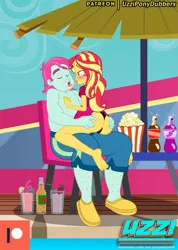 Size: 900x1261 | Tagged: suggestive, artist:uzzi-ponydubberx, derpibooru import, sunset shimmer, equestria girls, spring breakdown, 2 handfuls of dat ass, 2 handfuls of dem hips, ass, bare chest, barefoot, beverage, black panties, blushing, bottle, bunset shimmer, butt, butt touch, cider, clothes, commission, drink, drool, drool string, fat, feet, female, food, hairy legs, hand on butt, image, jpeg, kissing, legs, lidded eyes, looking at each other, lucky bastard, male, meal ticket, panties, patreon, patreon logo, poolside, popcorn, sitting on lap, size difference, skirt, skirt lift, sloppy kissing, soda, soda bottle, straight, swimming trunks, thighs, thong, tongue out, tongue play, umbrella, underwear