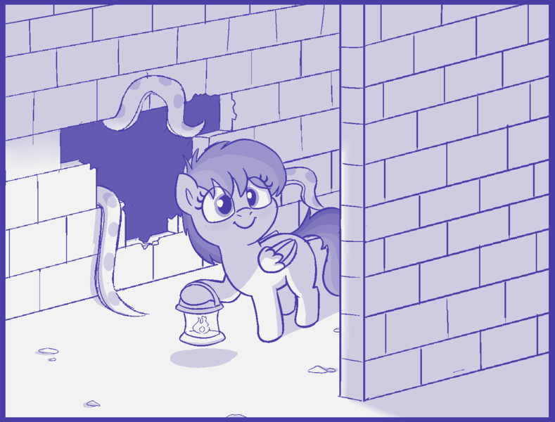 Size: 1418x1078 | Tagged: suggestive, artist:heretichesh, derpibooru import, daring do, pegasus, pony, brick wall, cute, daring dorable, female, filly, foal, foalcon, happy, i've seen enough hentai to know where this is going, image, impending doom, lantern, oblivious, png, ruins, sketch, tentacles, underage